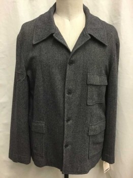 Mens, Jacket 1890s-1910s, NO LABEL, Dk Brown, Tan Brown, Wool, Herringbone, 44, Single Breasted, 4 Button Closure, 3 Patch Pockets with Flaps, Unlined,