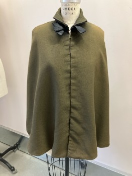 Womens, Cape 1890s-1910s, NO LABEL, Olive Green, Black, Wool, Solid, 0/S, Stitched Collar with Black Bow At CF Neck, Hook & Eyes Closure, Aged