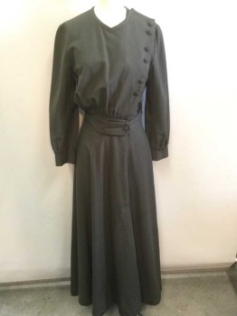 Womens, Dress 1890s-1910s, N/L, Olive Green, Cotton, Wool, Solid, W:24, B:32, Long Sleeves, Hidden Hook & Eye Closure At Side Front with Decorative Self Covered Buttons, V-neck, Attached 2" Wide Self Belt At Waist , Floor Length Hem, Made To Order,