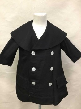 Childrens, Shirt 1890s-1910s, N/L, Black, Cream, Silk, Solid, C:30", Child's Sailor Top: Black Silk, Large Round Collar, Double Breasted with Cream Buttons, 3/4 Sleeve, **Has Damage To Fabric Throughout: Fabric Is Disintegrating In Spots, Especially In Lining & Collar. Has Been Repaired In A Few Spots.