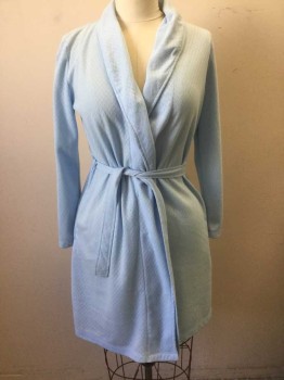 ADONNA, Lt Blue, Polyester, Diamonds, Self Diamond Texture Knit Jersey, Shawl Collar, 2 Side Pockets, Long Sleeves **2 Pieces: with Matching Sash/Belt ***Has Some Stains on Collar