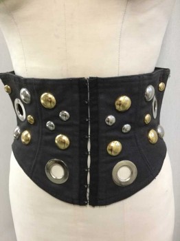 Womens, Sci-Fi/Fantasy Corset, Black, Bronze Metallic, Silver, Metallic, Cotton, Metallic/Metal, Abstract , Waist Cincher, Oversized Bronze And Silver Studs And Grommets, Hook/Eye Closures In Front, Lace Up In Back