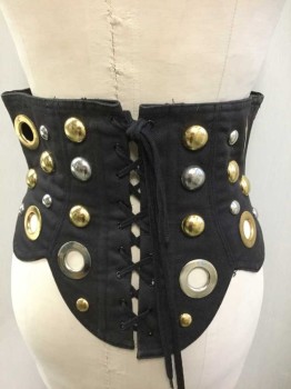 Womens, Sci-Fi/Fantasy Corset, Black, Bronze Metallic, Silver, Metallic, Cotton, Metallic/Metal, Abstract , Waist Cincher, Oversized Bronze And Silver Studs And Grommets, Hook/Eye Closures In Front, Lace Up In Back