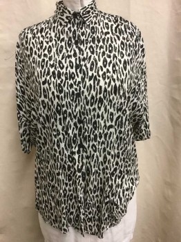 Womens, 1980s Vintage, Top, CALIFORNIA KRUSH, White, Black, Rayon, Animal Print, W:40, B: 44, Blouse Leopard Spots, Short Sleeve Button Front, Collar Attached,