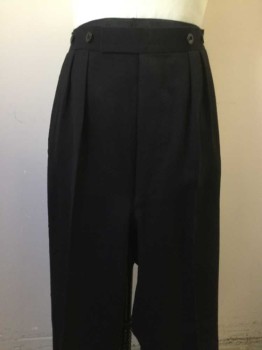 Mens, 1930s Vintage, Formal Pants, MTO, Black, Wool, Solid, 32, 30, Formal, Double Pleats, Satin Side Stripe, Suspender Buttons on Outside of Waistband, Button Fly, Hook & Eye Tab Waistband, Room in Waistband for Alterations,