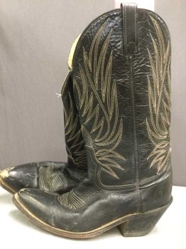 Mens, Cowboy Boots , ACME, Black, Cream, Burnt Orange, Leather, Abstract , 9, Aged/Distressed,  Decorative Stitching, Good Sized Heel, Barcode Located in Left Boot