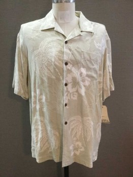 TOMMY BAHAMA, Beige, Cream, Silk, Hawaiian Print, Floral, Button Front, Collar Attached, Short Sleeve, Open Collar, 1 Pocket, Coconut Buttons