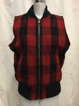 MADEWELL, Red, Black, Wool, Polyester, Plaid, Red/black Plaid, Zip Front, Creme Faux Shearling