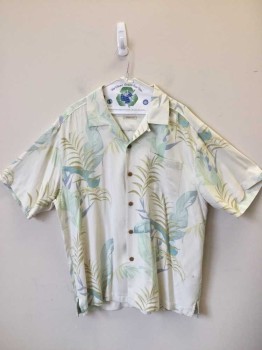 TOMMY BAHAMAS, Cream, Mint Green, Taupe, Lt Blue, Silk, Floral, Tropical Leaf Print on Cream Background. Short Sleeves, Collar Attached, 1 Pocket,
