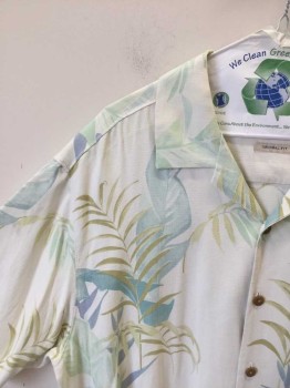 TOMMY BAHAMAS, Cream, Mint Green, Taupe, Lt Blue, Silk, Floral, Tropical Leaf Print on Cream Background. Short Sleeves, Collar Attached, 1 Pocket,