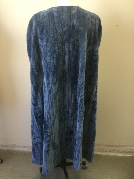 Unisex, Sci-Fi/Fantasy Cape/Cloak, N/L, Slate Blue, Silver, Gold, Black, Polyester, Solid, Slate Blue Crushed Velvet, Silver Metallic Scallopped Trim at Center Front, Open at Center Front, with 2 Snap Closures at Neck, Gold and Black Embroidered/Beaded Appliqué at Center Front Neck, Gray Satin Lining, Floor Length Hem, Made To Order