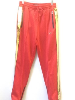 Mens, Sweatsuit Pants, REASON, Red, Gold, Polyester, Solid, Large, Pant, 4 Pockets, Gold Metallic Trim at Side Legs,  2 Zipper Front Pockets, Zippers at Ankles