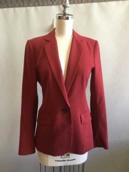 THEORY, Dk Red, Wool, Lycra, Solid, 1 Button Single Breasted, Notched Lapel, 2 Pockets with Flaps