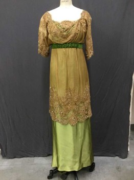 Womens, Evening Dress 1890s-1910s, MTO, Lt Green, Caramel Brown, Kelly Green, Silk, Lace, Solid, W25, B34, Evening Gown Caramel Organza With Lace And Beading Over Light Green Satin, Short Sleeve,  Kelly Green Velvet Ribbon At Empire Line,