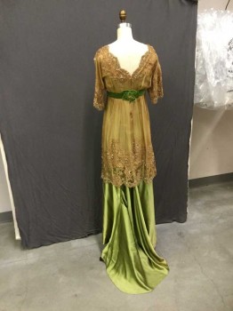 Womens, Evening Dress 1890s-1910s, MTO, Lt Green, Caramel Brown, Kelly Green, Silk, Lace, Solid, W25, B34, Evening Gown Caramel Organza With Lace And Beading Over Light Green Satin, Short Sleeve,  Kelly Green Velvet Ribbon At Empire Line,