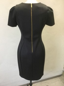 CALVIN KLEIN, Black, Polyester, Spandex, Solid, Thick Poly/Spandex (Feels Like Neoprene/Scuba Material), Wide Scoop Neck, Puffy Short Sleeves, Princess Seams, Gold Zipper at Center Back, Hem Above Knee