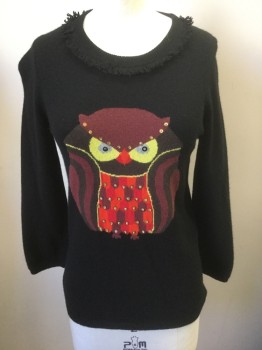 KATE SPADE, Black, Multi-color, Cashmere, Sequins, Novelty Pattern, Knit, Black with Multicolor Owl at Center Front, Small Sequin Accents, 3/4 Sleeve, Round Neck with Self Ruffle Trim