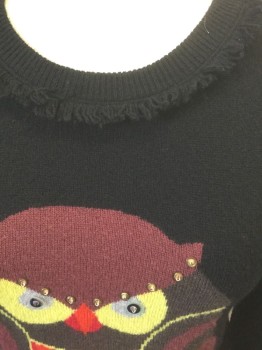 KATE SPADE, Black, Multi-color, Cashmere, Sequins, Novelty Pattern, Knit, Black with Multicolor Owl at Center Front, Small Sequin Accents, 3/4 Sleeve, Round Neck with Self Ruffle Trim