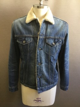 LEVI'S, Denim Blue, Cotton, Solid, Button Front, 4 Pockets, Long Sleeves, Off White Fleece Lining/Collar