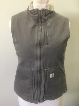 CARHARTT, Gray, Taupe, Cotton, Polyester, Solid, Work Vest, Twill Outside, Beige Fleece Inside, Zip Front, Stand Collar, 3 Pockets