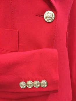 SMYTHE, Red, Wool, Polyester, Solid, Fine Worsted Wool, Wide Peaked Lapel. 1 Gold Button Closure Center Front, 4 Pockets, Cropped Center Back Panel