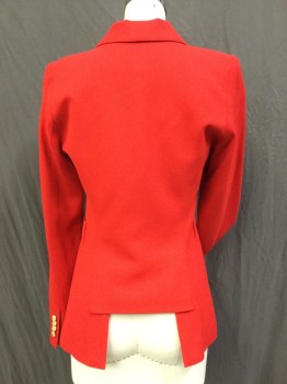 SMYTHE, Red, Wool, Polyester, Solid, Fine Worsted Wool, Wide Peaked Lapel. 1 Gold Button Closure Center Front, 4 Pockets, Cropped Center Back Panel
