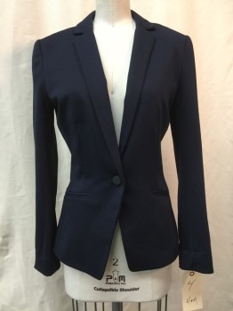 H&M, Navy Blue, Polyester, Viscose, Solid, Navy, Notched Lapel, 1 Button, 2 Pockets,