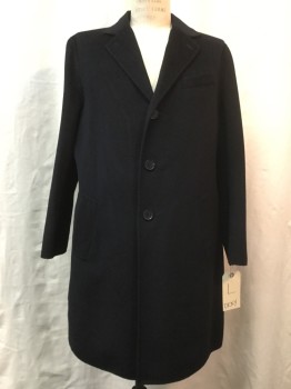 Mens, Coat, Overcoat, DKNY, Black, Wool, Angora, Solid, L, Single Breasted, 3 Buttons,  Notched Lapel, 3 Pockets, Unlined, Back Slit