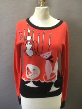 TWINKLE, Coral Orange, Black, White, Pink, Wool, Cashmere, Novelty Pattern, with Pink Cat Under Chandelier Knit, Scoop Neck, Black Ribbed Knit Collar/Cuff/Waistband