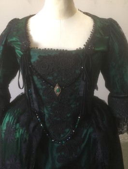 N/L MTO, Dk Green, Black, Polyester, Floral, Bodice: Dark Green Satin with Black Lace Net Overlay, 3/4 Sleeves, Black and Green Beaded Hanging Detail Across Chest, Lacing/Ties in Back, Made To Order 1700's Inspired
