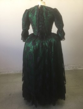 N/L MTO, Dk Green, Black, Polyester, Floral, Bodice: Dark Green Satin with Black Lace Net Overlay, 3/4 Sleeves, Black and Green Beaded Hanging Detail Across Chest, Lacing/Ties in Back, Made To Order 1700's Inspired