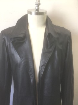 Mens, Coat, Leather, REAL LEATHER, Black, Leather, Solid, L, Notched Lapel, Open at Center Front with No Closures, Ankle Length, 2 Welt Pockets at Sides