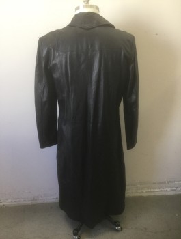 Mens, Coat, Leather, REAL LEATHER, Black, Leather, Solid, L, Notched Lapel, Open at Center Front with No Closures, Ankle Length, 2 Welt Pockets at Sides