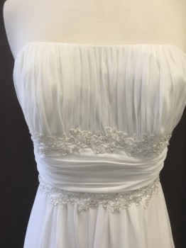DAVIDS BRIDAL, White, Polyester, Solid, Stapless with Pleated Bust, Rouching at Waist Band, Lace and Bead Applique Below Bust and Below Empire Waist Band, Two Stripes of Lace Down the Back, Long Train, Tulle Slip, Zip Back,