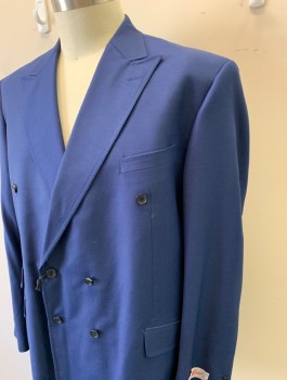 TIGLIO ROSSO , Navy Blue, Wool, Solid, Double Breasted, Peaked Lapel, 4 Pockets, Hand Picked Stitching on Lapel