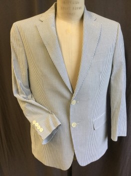 RALPH LAUREN, White, Slate Blue, Cotton, Spandex, Stripes - Vertical , Notched Lapel, Single Breasted, 2 Button Front, 3 Pockets, Long Sleeves, Solid Cream and Off White/blue Paisley Lining, 1 Split Back Center Hem with 2 Prs 0f Matching Pants