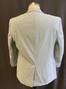 RALPH LAUREN, White, Slate Blue, Cotton, Spandex, Stripes - Vertical , Notched Lapel, Single Breasted, 2 Button Front, 3 Pockets, Long Sleeves, Solid Cream and Off White/blue Paisley Lining, 1 Split Back Center Hem with 2 Prs 0f Matching Pants