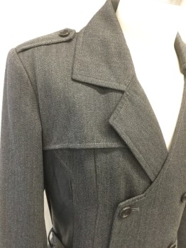 MTO, Heather Gray, Cotton, Twill, DB. Asymmetrical Notched Lapel And Detached Front Yoke, Epaulets, Black Leather Side Panels, 2 Pockets, Long Sleeves, Button Tabs at Cuffs, Self Buckle Belt And Belt Loops, Multiple