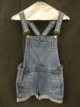 Womens, Overalls, BDG, Lt Blue, Cotton, Solid, 27, Overall Shorts, 4 Pockets + 1 Center Front Pocket, Belt Loops, Rolled Up Cuff