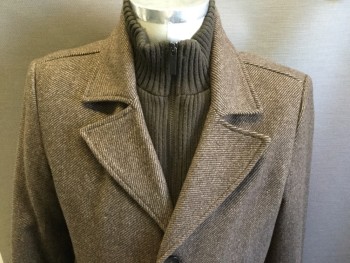 KENNETH COLE, Brown, Putty/Khaki Gray, Wool, Stripes - Diagonal , Single Breasted, Peaked Lapel, Solid Brown Rib Knit Zip Front Turtleneck Attached to Coat, 2 Pockets,