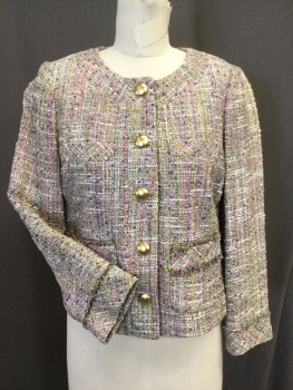J. CREW, Multi-color, Cotton, Silk, Tweed, Multi Pastel Colored Tweed of White, Lime, Pink and Pale Blue.5 Gold Button Closure Center Front, 2 Patch Pockets, 2 Faux Welt Pockets, Crew Neck,short Length Jacket