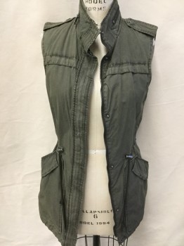LEVI'S, Olive Green, Cotton, Polyester, Solid, Collar Attached with Zipper, Epaulettes, Olive with Black Herringbone Lining, Black Cord, D-string with Metal Stopper, 2 Slant Pockets with Flap, Zip Front, and Hidden Snap Front, Split Back Center Hem with D-string