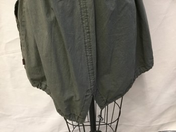 LEVI'S, Olive Green, Cotton, Polyester, Solid, Collar Attached with Zipper, Epaulettes, Olive with Black Herringbone Lining, Black Cord, D-string with Metal Stopper, 2 Slant Pockets with Flap, Zip Front, and Hidden Snap Front, Split Back Center Hem with D-string