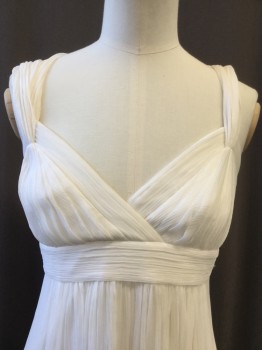 BEBE, White, Silk, Solid, Grecian Goddess, Floor Length, Empire Waist, Back Zipper, V-neck Surplice Bodice, Pleated Straps and Waistband, Light and Flowing. Full Silk Lining. Multiple
