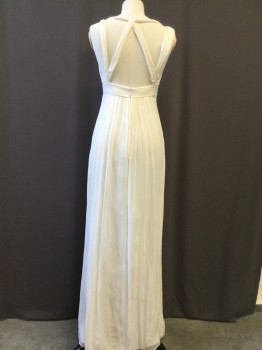 BEBE, White, Silk, Solid, Grecian Goddess, Floor Length, Empire Waist, Back Zipper, V-neck Surplice Bodice, Pleated Straps and Waistband, Light and Flowing. Full Silk Lining. Multiple