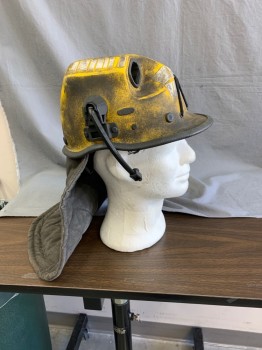 Unisex, Sci-Fi/Fantasy Hat, PACIFIC HELMETS, Yellow, Black, Dk Gray, Fiberglass, Cotton, Mottled, Solid, 54-62c, Yellow & Painted Black Helmet, Dk Gray Heavy Canvas Neck Protector Flap, Aged/Distressed,