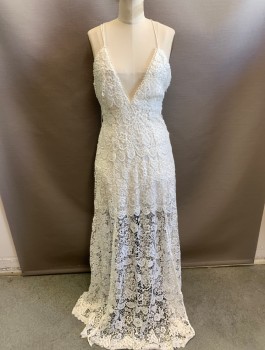 TJD, White, Polyester, Rayon, Floral, Floral Eyelet Over Opaque Lining, Deep V-neck, Spaghetti Straps That Criss Cross in Back, Scallopped Lace Edging at Neckline, Ankle Length, See-Thru at Hem, Beach Casual Wedding