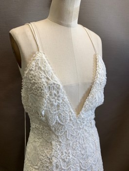 TJD, White, Polyester, Rayon, Floral, Floral Eyelet Over Opaque Lining, Deep V-neck, Spaghetti Straps That Criss Cross in Back, Scallopped Lace Edging at Neckline, Ankle Length, See-Thru at Hem, Beach Casual Wedding