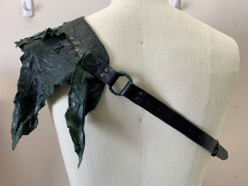 Unisex, Sci-Fi/Fantasy Accessory, MTO, Dk Green, Black, Leather, Solid, Mottled, Bandolier, with Buckle Closure, Scrappy Layered Pieces of Leather Shoulder Guard