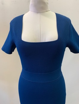Womens, Dress, Short Sleeve, A.L.C., Blue, Rayon, Nylon, Solid, L, Teal-Blue Double Knit, Short Sleeves, Low Square Bust line with Self Knit Hem, 6'' Slit